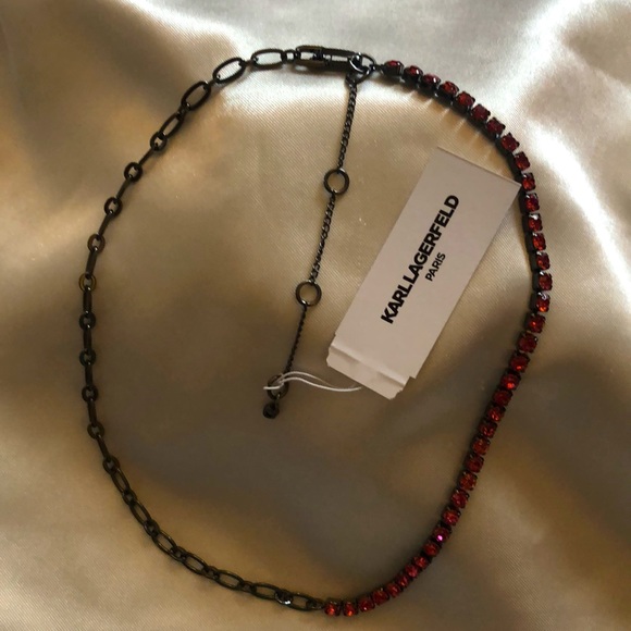 Karl Lagerfeld Hematite Tone Link & Rose Crystal Cup Chain Collar Necklace NWT - Picture 3 of 13